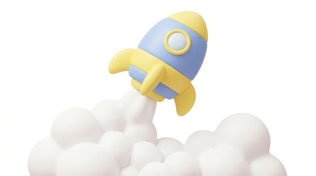 Science - 3d cartoon rocket launching with smoke on white background