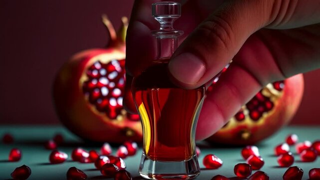 Mockup glass bottle skincare Cosmetic background natural pomegranate fruit superfood AI Generative