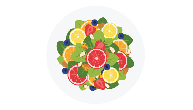 Delicious healthy fruit salad plate filled with citrus segments, fresh strawberries, berries, nuts, and spinach.