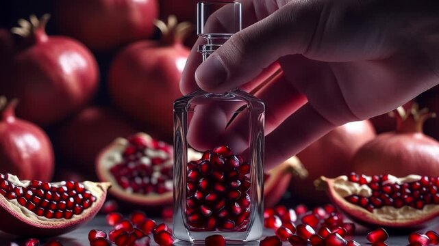 Mockup glass bottle skincare Cosmetic background natural pomegranate fruit superfood AI Generative