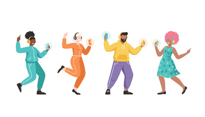 Fototapeta premium Happy diverse young people wearing headphones while dancing and listening to music on their smartphones with joy.