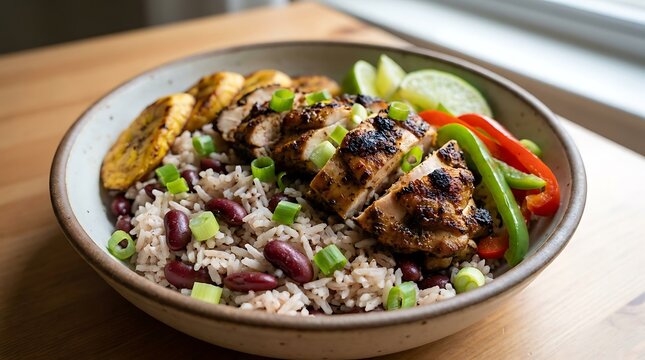 Delicious grilled chicken bowl with colorful rice beans and fresh vegetables served in a round bowl. Jamaican rice bowl
