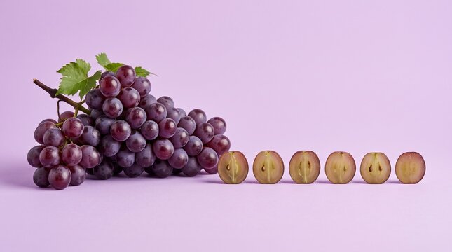 Fresh red grapes on purple background, ripe grape cluster with green leaf, sliced fruit halves in a row, minimalist food photography