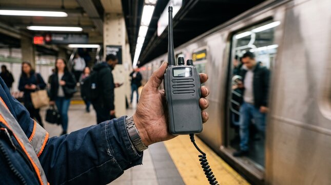 Hand holding a black walkie-talkie radio in a subway station platform.