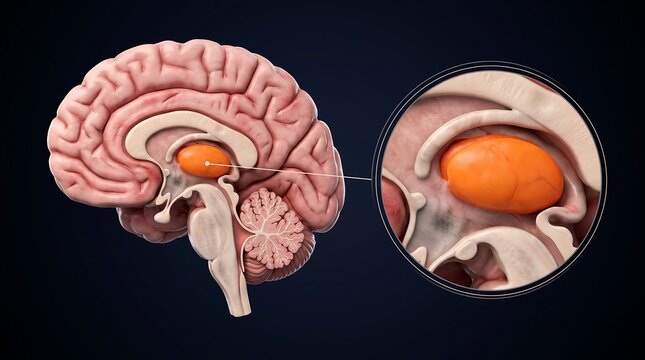 Detailed sagittal view of the human brain highlighting the thalamus and its surrounding structures.