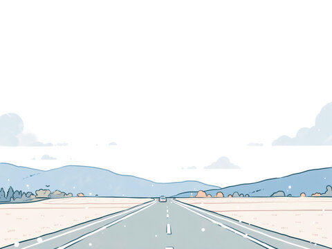 地平線へとまっすぐに続く道路と広大な空を描いた開放感のある風景イラスト背景