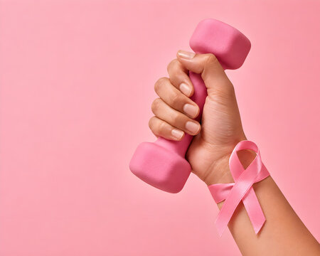 Human hand holding small pink dumbbell with breast cancer ribbon wrapped tightly around the wrist