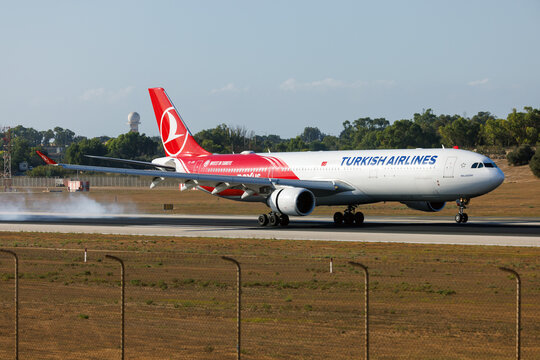 Luqa, Malta - September 2, 2026: Turkish Airlines Airbus A330-303 (REG: TC-JOD) in the recently applied Invest Turkey, Nexus of the World livery.