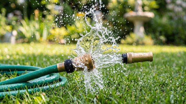 Garden hose spraying water brightly in a lush green backyard garden on a sunny day.