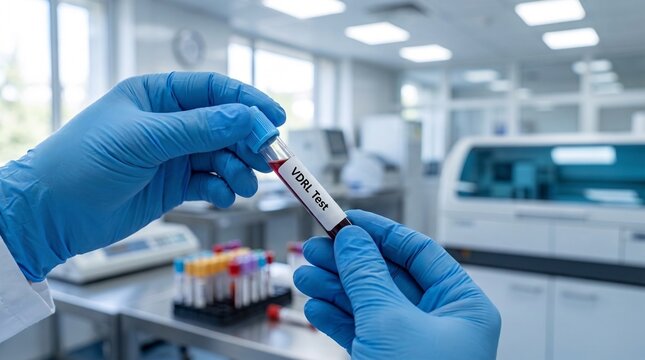 Laboratory technician holding a test tube labeled VDRL test in a clinical setting