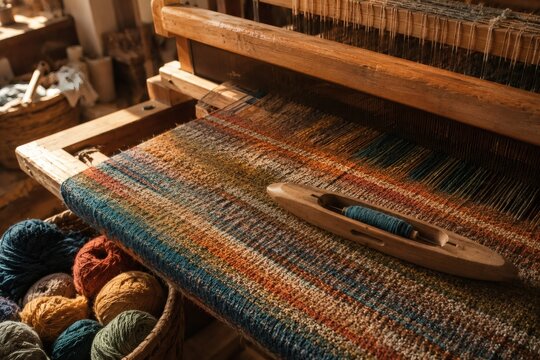 Close-up of weaver hands passing colored yarn through a wooden loom with warm side light, textile craft workshop
