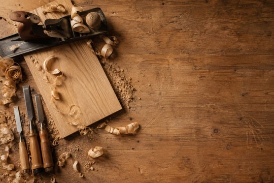 Overhead flat lay of a woodworker bench with hands guiding a hand plane over an oak board, curled wood shavings and chisels, handmade craft