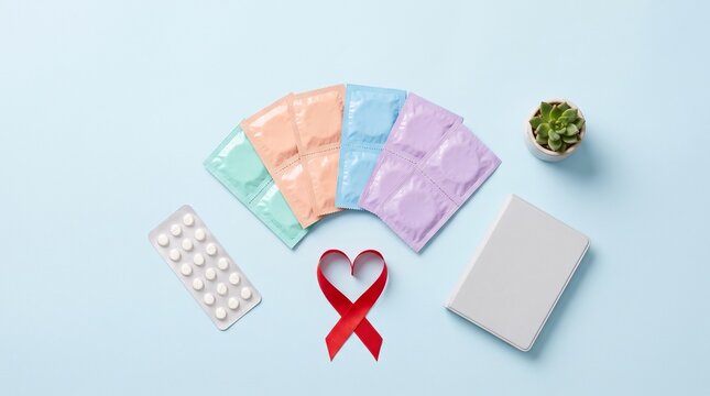 A flat lay photograph featuring a collection of colorful condom packets, a blister pack of birth control pills, and a red awareness ribbon arranged on a soft blue background, symbolizing sexual health