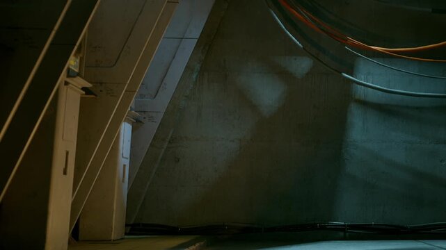 There are machines and a gray wall in an industrial setting. Shadows from the light create patterns on the surface. Cables hang from the ceiling, adding to the scene.