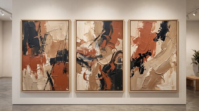 Modern abstract art triptych with textured brush strokes hanging on a bright art gallery wall