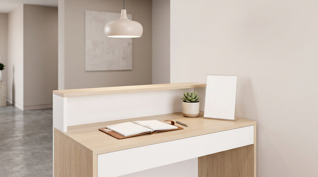 Lash salon reception desk with open blank appointment book and empty card stand, warm minimal interior