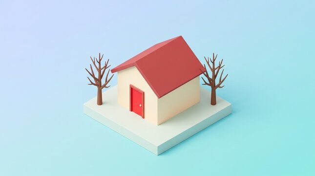 Isometric Minimalist House with Two Bare Trees and Red Roof on Platform