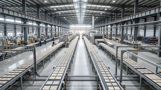 Automated ceramic tile manufacturing conveyor line in a modern factory