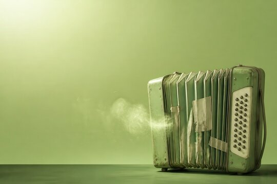 Vintage accordion on green background with dusty bellows