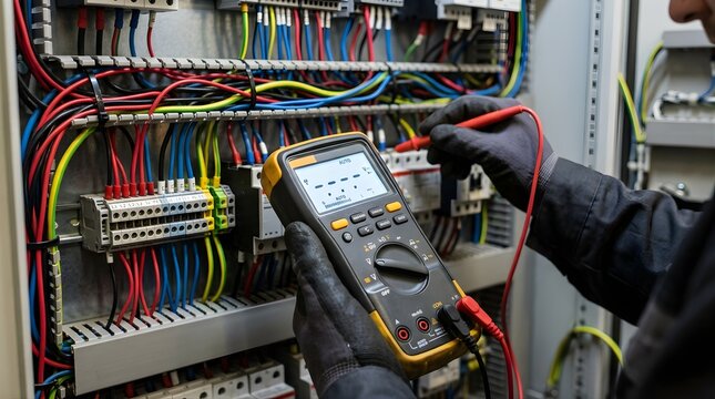 Electrician checking electrical panel voltage with a digital multimeter