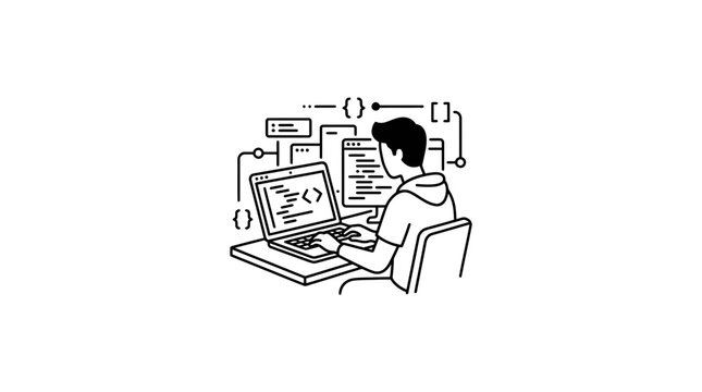 Line art illustration of man programming with code symbols.