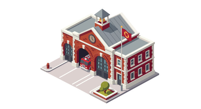 Isometric Fire Station Building with Fire Truck and Hydrant