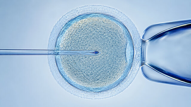 ICSI fertilization of human oocyte in IVF laboratory, sperm injection for conception and infertility treatment procedure