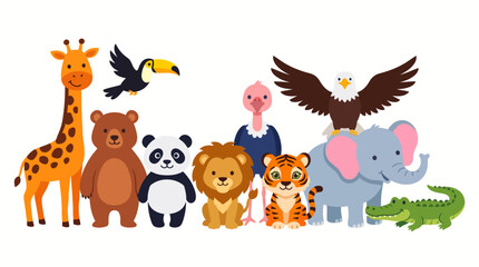 Naklejka premium Playful lineup of colorful cartoon animals, including giraffe, panda, lion, tiger, elephant, and friends, in a friendly kids' illustration for education and décor.