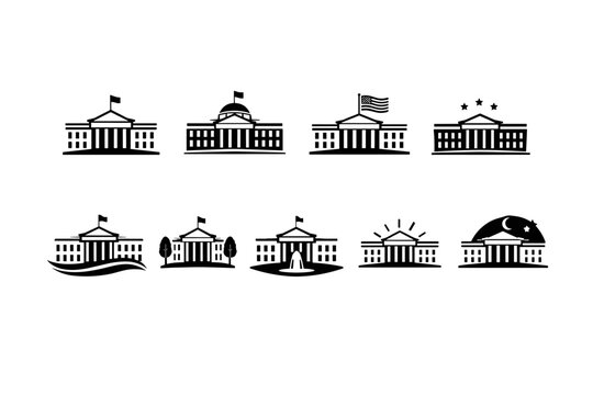 Collection of minimalist government building icons representing different themes and settings