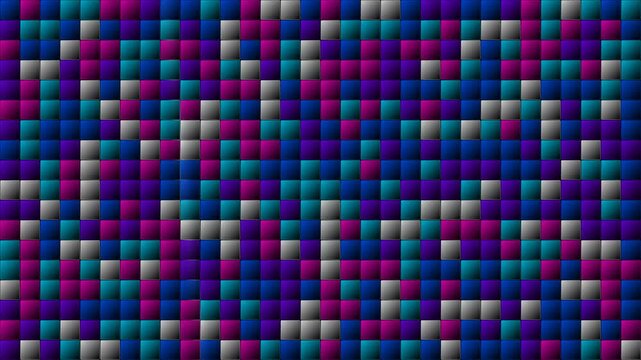 Vibrant blue and purple mosaic squares flying in to form a seamless grid transition, ideal for motion graphics, video transitions and digital backdrops