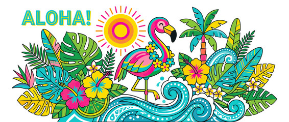 Colorful Flamingo Tropical Beach Illustration © kurnia