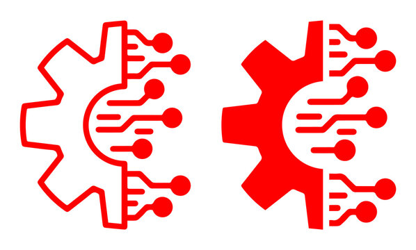 Smart technology gear icon set. Digital circuit gear design. Modern ai processor and engineering symbol. Outline and solid mechanical graphic on transparent background.