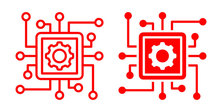 Smart technology microchip png icon set. Digital circuit gear design. Modern electronic processor symbol. Outline and solid engineering graphic on transparent background.