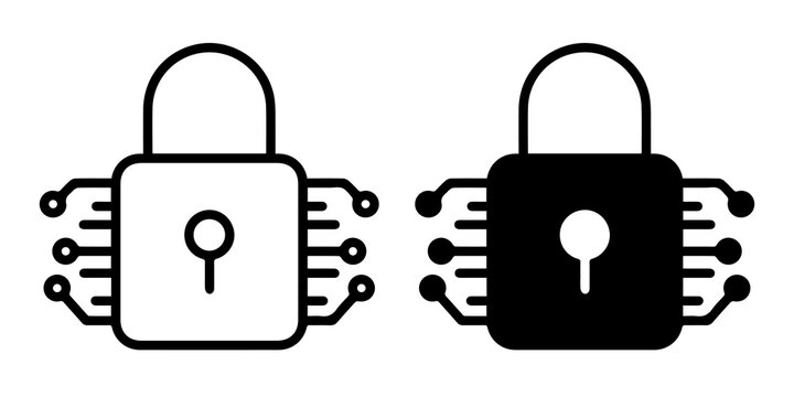 Cyber security lock icon set. Digital protection symbol. Outline and solid design on transparent background.