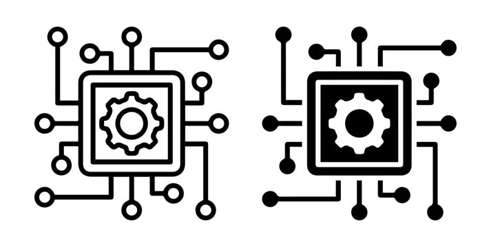 Smart technology microchip png icon set. Digital circuit gear design. Modern electronic processor symbol. Outline and solid engineering graphic on transparent background.