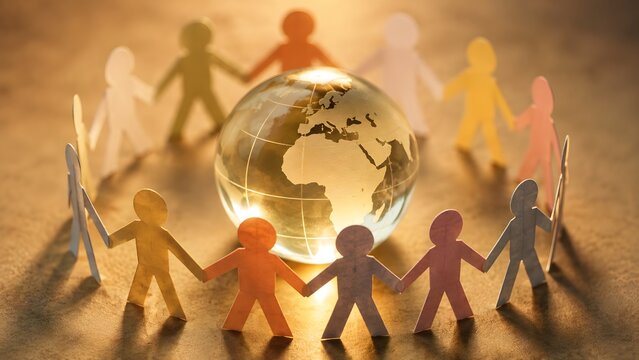 Paper People Holding Hands Around Globe