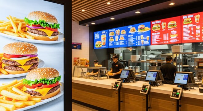 Modern fast food restaurant with digital menu boards showing burgers and fries. Staff at wooden counter with checkout terminals. Bright LED screens display food and prices. Contemporary design.