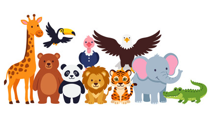 Naklejka premium Cheerful lineup of colorful cartoon animals for kids, featuring a giraffe, panda, bear, lion, tiger, elephant, crocodile and more in a playful, family-friendly illustration.