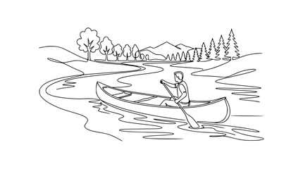 Fototapeta premium Man Canoeing Down Winding River with Mountains and Trees - Line Art