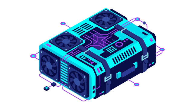 Futuristic isometric cryptocurrency mining rig with cooling fans and neon circuit lines