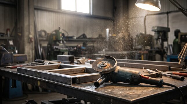 Interior view of a rustic industrial workshop featuring a cluttered metal workbench with various hand tools and equipment