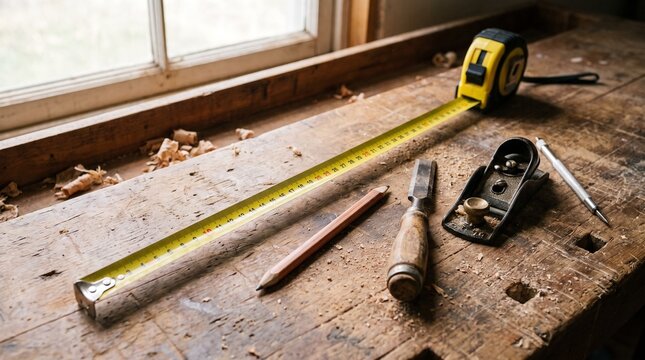 Old measuring tape and vintage woodworking tools on a dusty wooden workbench in a rustic carpentry workshop
