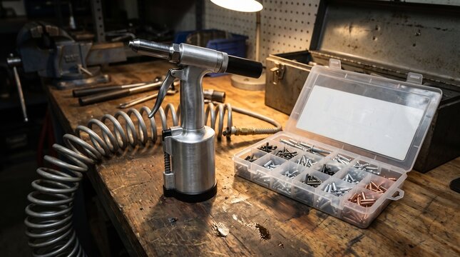 Pneumatic rivet gun standing on a wooden workbench next to a plastic organizer box filled with metal rivets