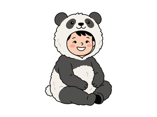 A happy cartoon child dressed in a fluffy black and white panda bear costume, sitting and smiling. © Hisa