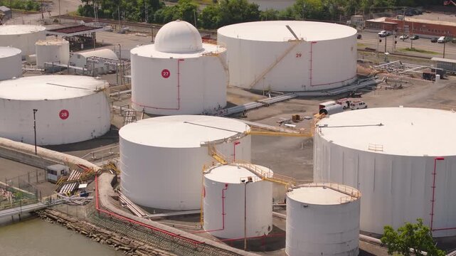 Fuel Depot and white storage tanks in Newburgh New York Close up