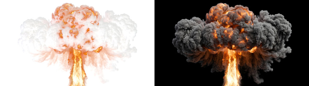 Massive fire explosion with billowing smoke cloud and rising flames for dramatic action design in PNG, Transparent and Black Background Versions