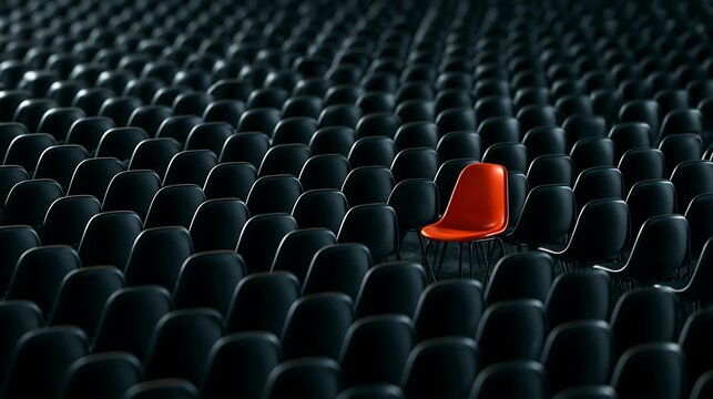 A single orange chair stands out among many black ones, isolated on transparent background. Symbolizes individuality and uniqueness for leadership or business hiring concepts.