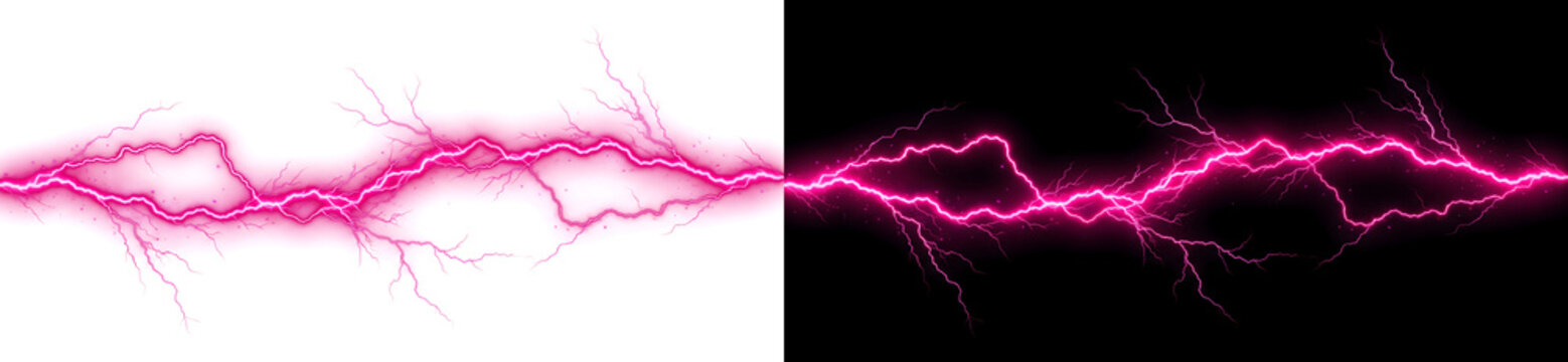 Bright pink electric lightning bolt with branching sparks crackling horizontally for energy power design in PNG, Transparent and Black Background Versions
