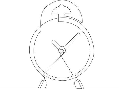 Minimalist continuous line illustration of an alarm clock , drawn in a simple hand drawn outline style and isolated on a white background.