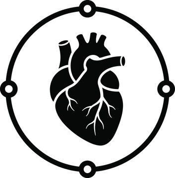 Black silhouette icon of an anatomical human heart featuring internal vessels, enclosed in a thin circular border with four connection points, isolated on white for medical design.